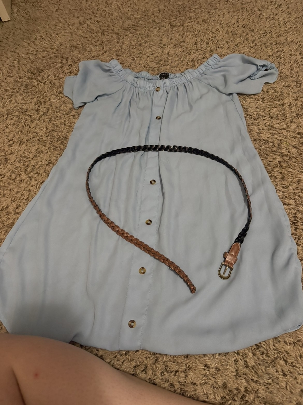 Light Blue Off-Shoulder Button Front Women’s Dress W/ Braided Brown Belt